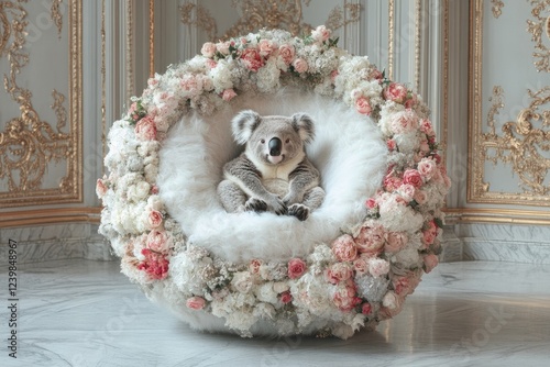 Koala Bear Rests in a Floral Throne photo