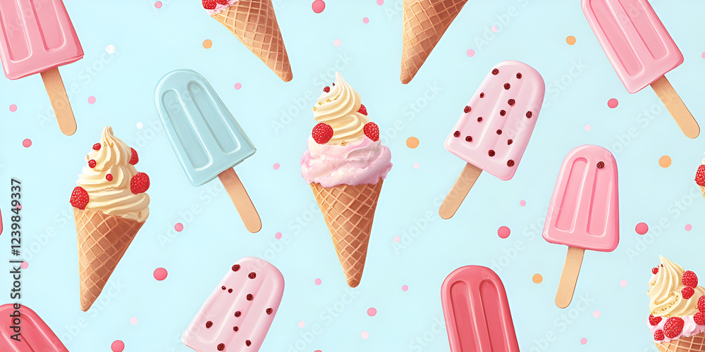Summertime Treats Seamless Pattern: A delightful pattern featuring assorted ice cream cones and popsicles on a light blue background with whimsical polka dots. Summertime Treats Seamless Pattern: A delightful pattern featuring assorted ice cream cones and popsicles on a light blue background with whimsical polka dots.