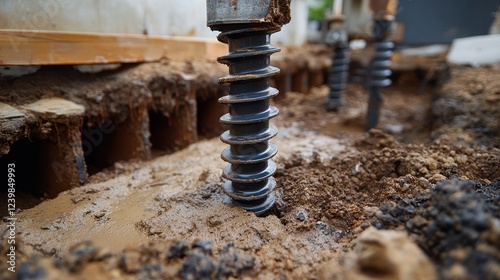 Close-up of a screw pile being installed in muddy soil. Shows the process of ground screw foundation installation for construction.