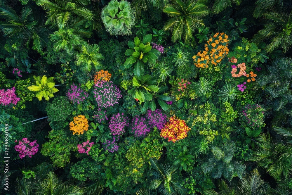 Fototapeta premium Aerial view of vibrant tropical foliage, showcasing diverse plants and colorful flowers. Ideal for travel, nature, and environmental projects, evoking feelings of lush paradise.