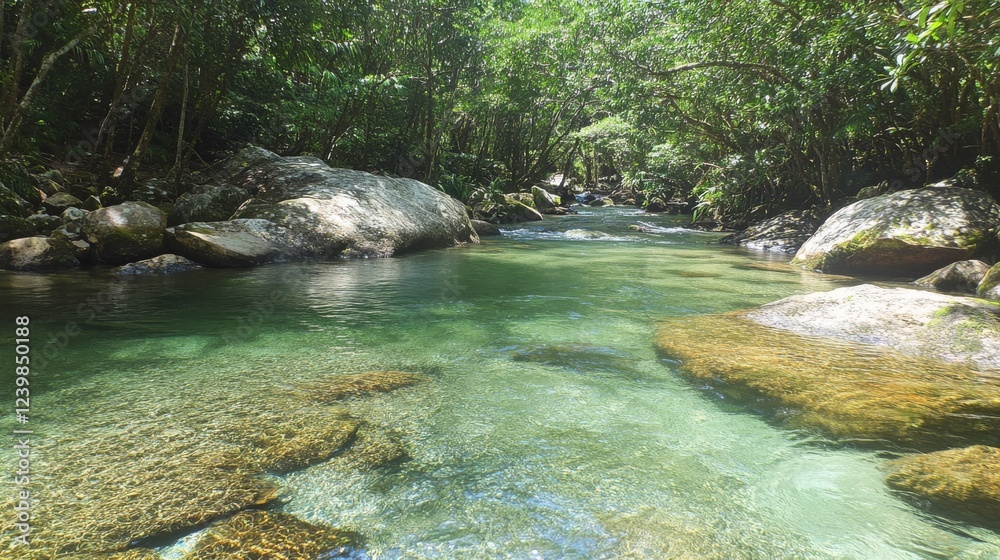 Naklejka premium 81.A close-up of the Mossman Riverâ€™s crystal-clear waters rushing gently around moss-covered rocks, with vibrant green vegetation framing the natural beauty of the Daintree National Park.