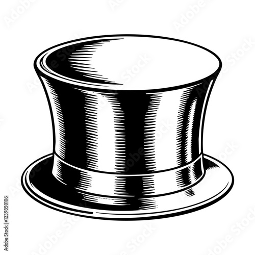 top hat isolated engraving black and white outline. Scratch board imitation.
