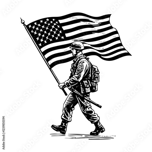 army holding America flag engraving black and white outline. Scratch board imitation.
