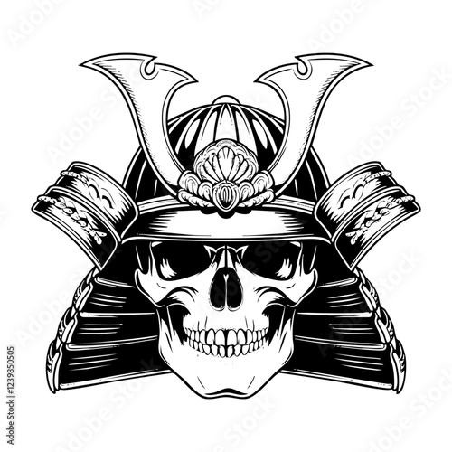 skull wear samurai helmet engraving black and white outline. Scratch board imitation.
