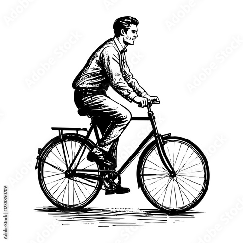 man riding bicycle sketch engraving black and white outline. Scratch board imitation.
