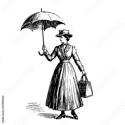 women wear hat holding umbrella sketch engraving black and white outline. Scratch board imitation.

