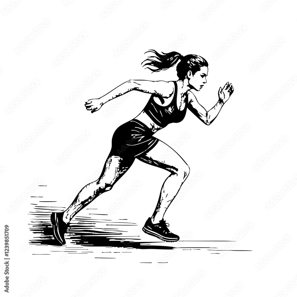 woman running sketch engraving black and white outline. Scratch board imitation.
