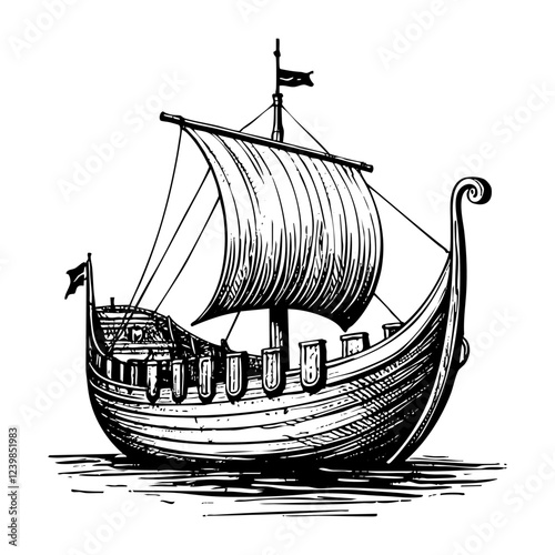 viking ship engraving sketch engraving black and white outline. Scratch board imitation.  illustrated in vintage line art style on a white background.
