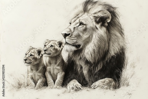 Majestic Lion With Two Young Cubs Resting