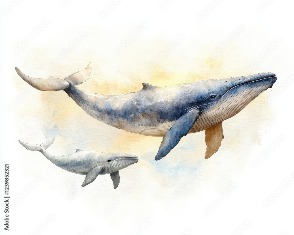 Fototapeta premium Majestic Humpback Whales Swimming Gracefully in Ocean Watercolor Art Piece