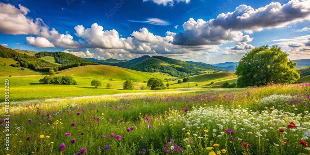 Fototapeta premium Serene Meadow Landscape with Rolling Hills and Blue Skies