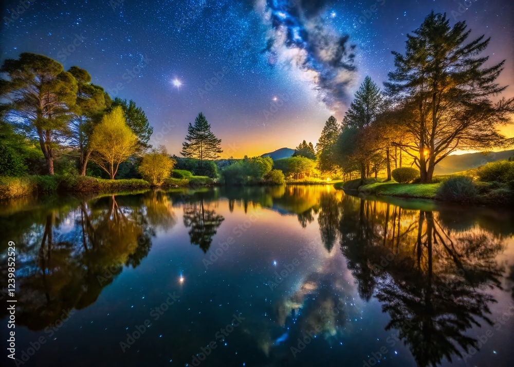 Obraz premium Serene Night: Fish Pond Reflections of Trees and Starry Sky - Low Light Photography Stock Photo