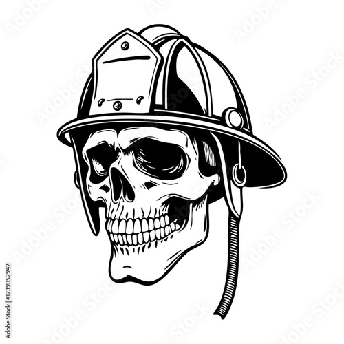 Skull wear firefighter helmet engraving black and white outline. Scratch board imitation.  illustrated in vintage line art style on a white background.
