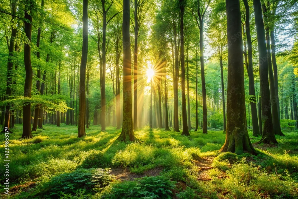 Obraz premium Serene Sunlight Dappled Forest, Lush Green Canopy, Tall Trees, Vibrant Undergrowth, Peaceful Nature Scene