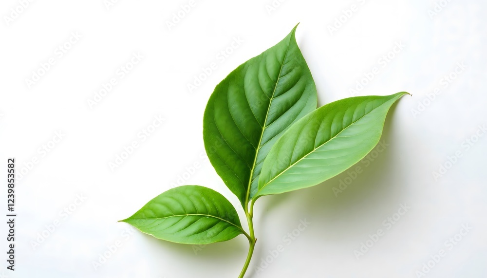 A simple arrangement of fresh green leaves on a clean white background, showcasing their vibrant color and natural texture. A simple arrangement of fresh green leaves on a clean white background, showcasing their vibrant color and natural texture.