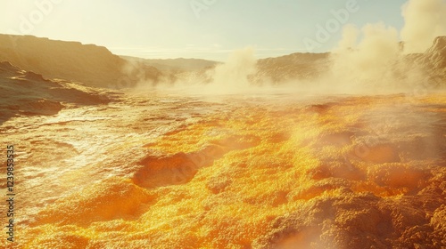 68.A close-up of vibrant orange and yellow bacterial mats stretching across a steamy, rugged surface, with faint geysers emitting mist in the background and a clear sky above. photo