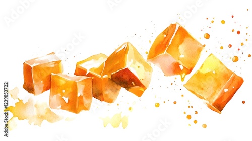 Watercolor painting of golden cubes of caramel candy photo