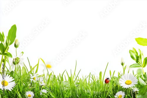 green grass and flowers on white background spring season