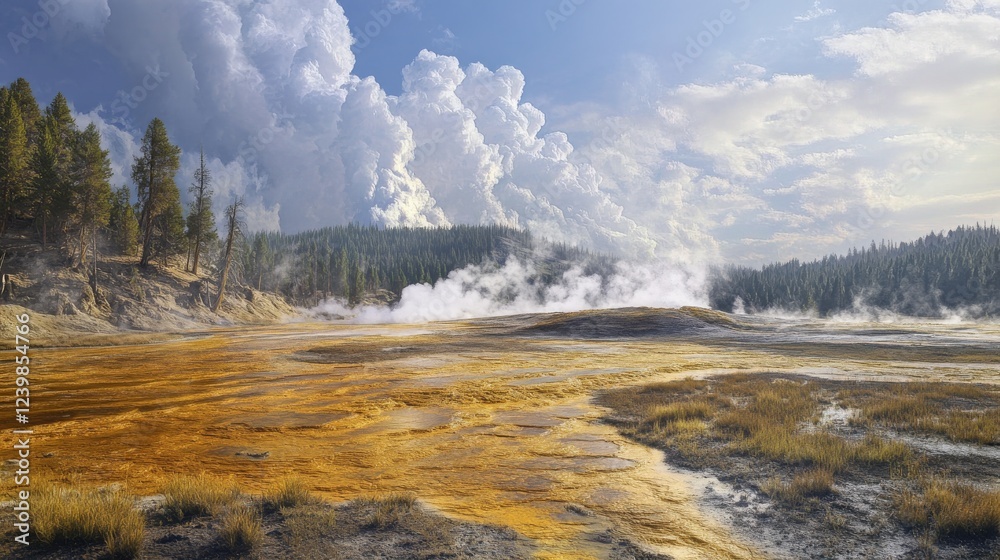 71.An artistic composition of the geothermal terrain in Yellowstone, focusing on steam vents and the intricate, vibrant patterns of thermophilic bacteria spreading across the ground, framed by rugged