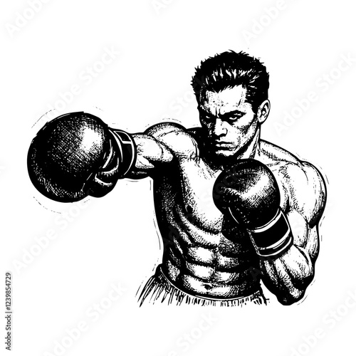 boxer athlete portrait sketch engraving black and white outline. Scratch board imitation.

