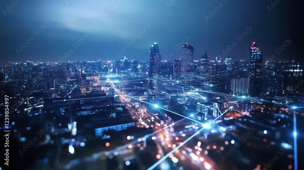 Fototapeta premium Illuminated Cityscape: Networked Urban Landscape at Night