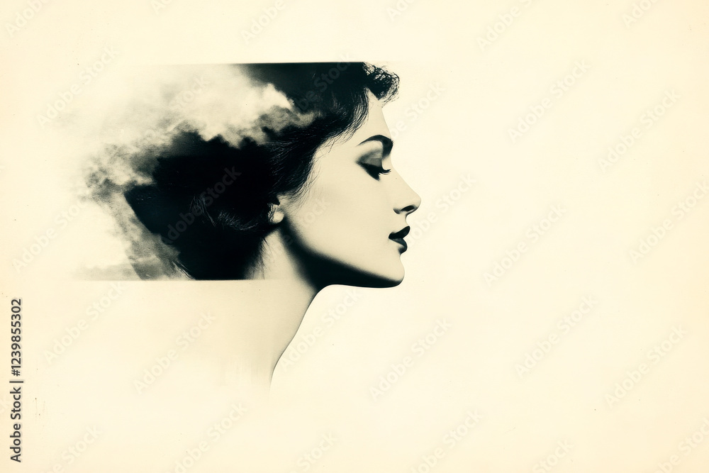 A monochromatic portrait featuring a side profile of a woman, exuding elegance with soft textures blending into the background.