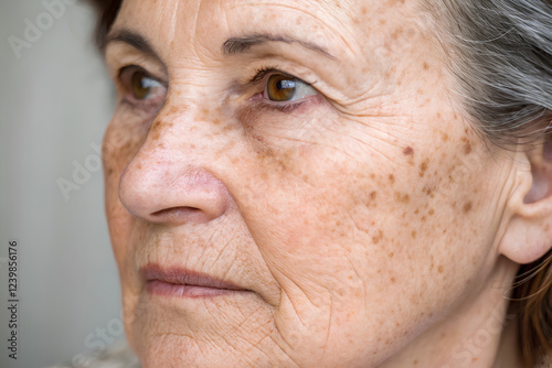 An older woman's face showing dark age spots and pigmentation issues, highlighting skin aging and dermatology concerns photo