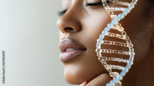 A close-up of a woman's profile with a DNA strand, symbolizing genetics and beauty.