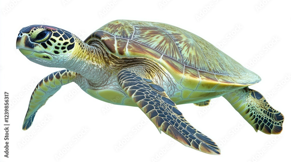 Fototapeta premium A Majestic Green Sea Turtle Swimming Gracefully Underwater Against a White Background, Capturing the Beauty and Serenity of Marine Wildlife in Its Natural Habitat