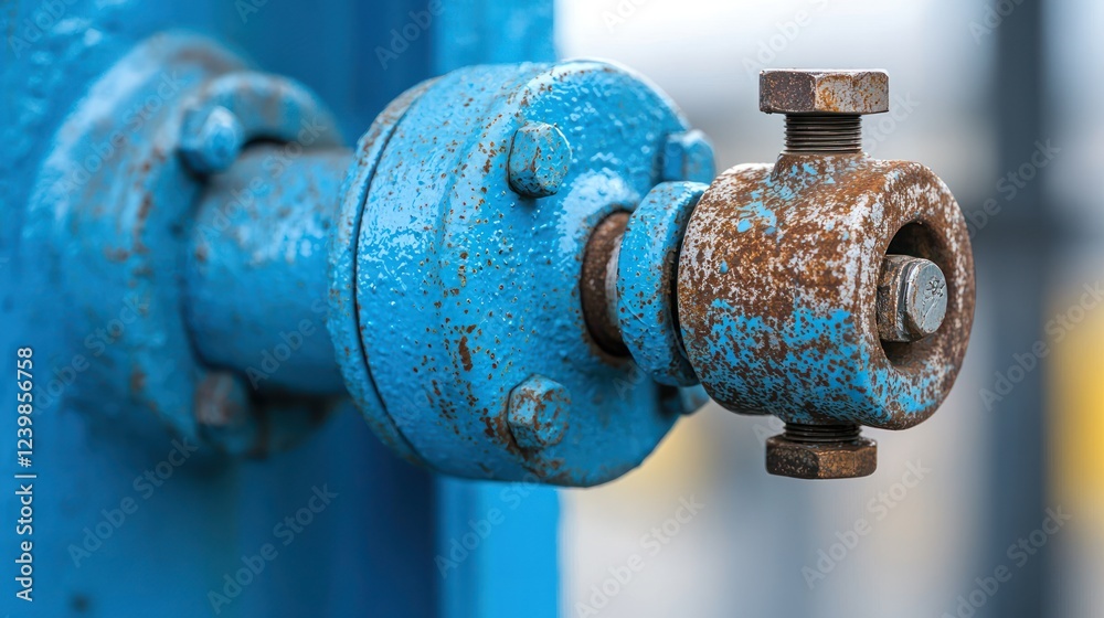 Close-up of a rusty blue industrial valve with a bolt, showcasing wear and functionality. Close-up of a rusty blue industrial valve with a bolt, showcasing wear and functionality.