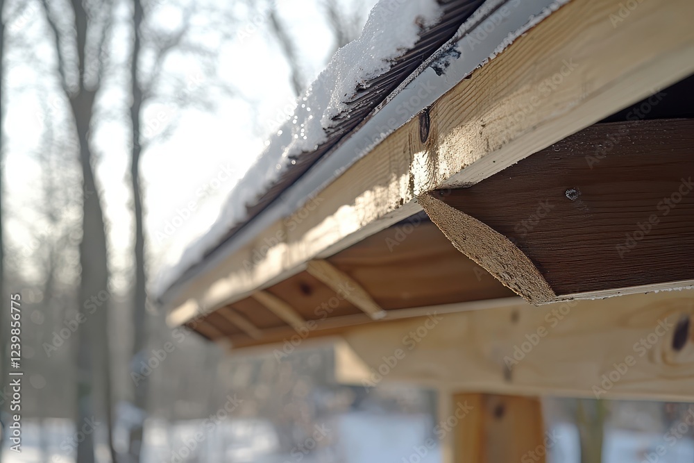 Obraz premium Wooden roof detail with snow, winter scene. Illustrates roofing structure and snow load, ideal for construction or winter themes.
