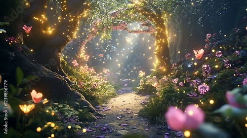 A magical forest path illuminated by glowing lights and surrounded by blooming flowers