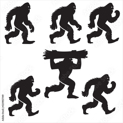 set of black various bigfoot silhouette for graphic resources