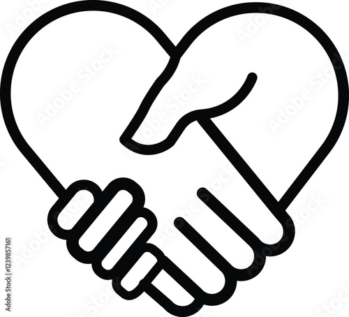 Handshake heart icon in minimal design, representing partnership, solidarity, friendship, and charitable teamwork.