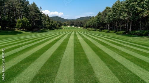 A well-maintained golf course with striped grass and trees lining the fairway.