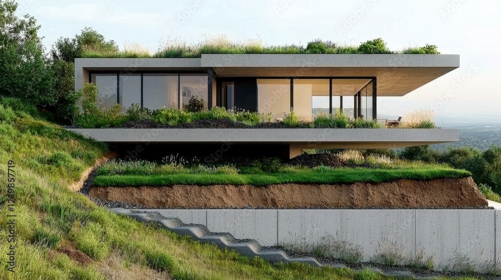 Modern architecture of eco-friendly house with green roof blending into hillside landscape showcasing sustainable design elements Modern architecture of eco-friendly house with green roof blending into hillside landscape showcasing sustainable design elements