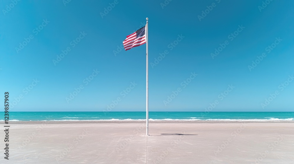 Fototapeta premium US flag waves on beach, clear sky; patriotic backdrop