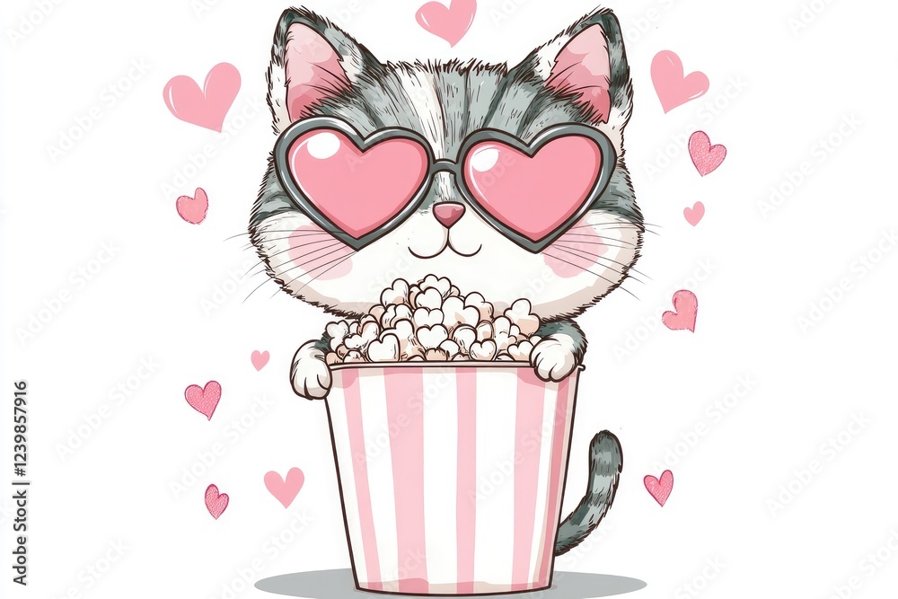 Adorable Cat Wearing Heart Sunglasses Enjoys Popcorn Adorable Cat Wearing Heart Sunglasses Enjoys Popcorn