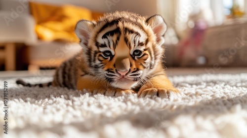 Adorable Baby Tiger Cub Resting On Soft Carpet photo