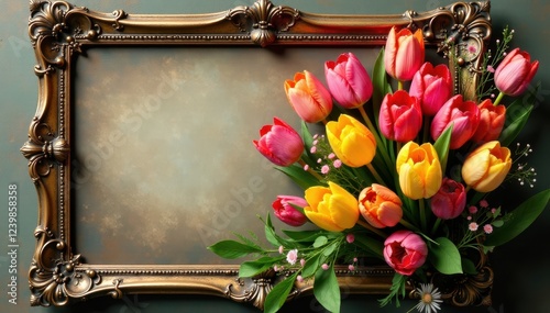 A bouquet of brightly colored tulips in a ornate metal frame, nestled among greenery and floral fillers, spring colors, flower decor, floral wreath