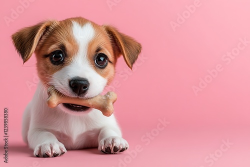 A curious puppy holding a bone in its mouth, isolated against a soft pink background, with enough space for custom text or advertising