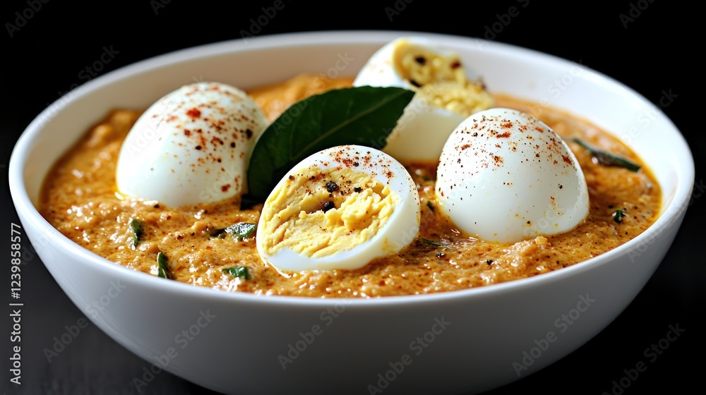 A bowl of creamy egg curry topped with boiled eggs and spices, served for a meal. A bowl of creamy egg curry topped with boiled eggs and spices, served for a meal.
