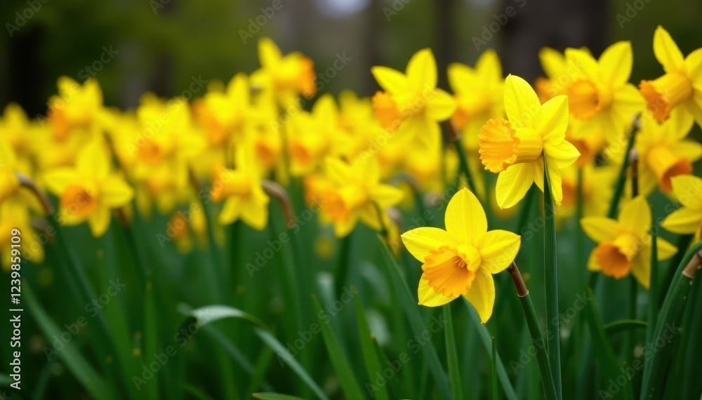 A colorful patch of daffodils with yellow trumpet-shaped flowers and green leaves , Daffodils, Nature, Springtime A colorful patch of daffodils with yellow trumpet-shaped flowers and green leaves , Daffodils, Nature, Springtime