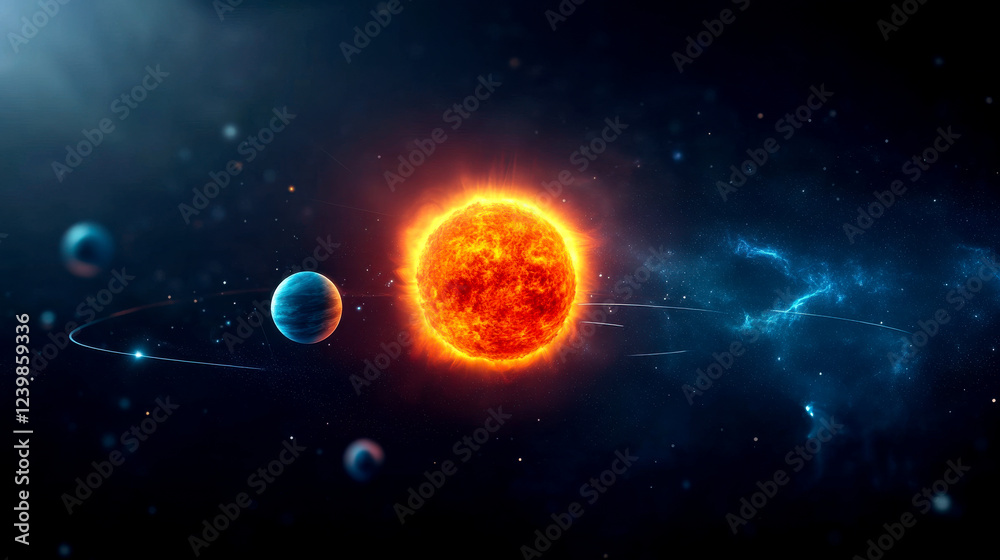 A vibrant depiction of a sun surrounded by planets in a cosmic space, highlighting the beauty of our solar system.