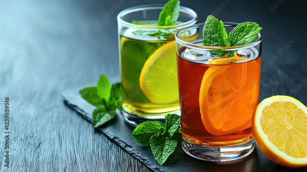 Two refreshing drinks with lemon and mint on a slate surface. Two refreshing drinks with lemon and mint on a slate surface.