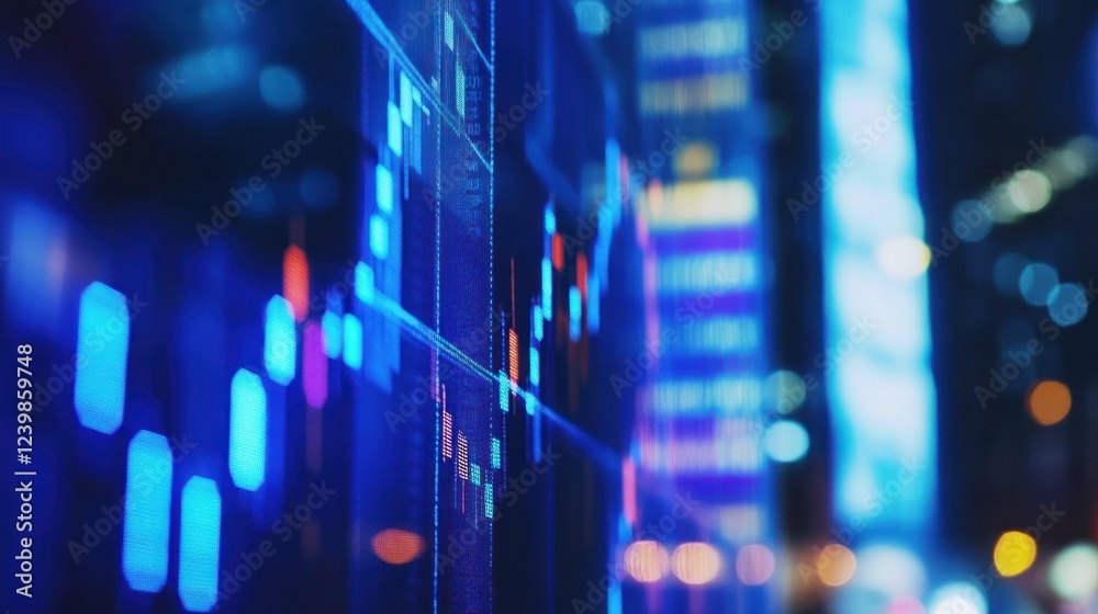 Night Cityscape with Dynamic Stock Market Data Display Night Cityscape with Dynamic Stock Market Data Display