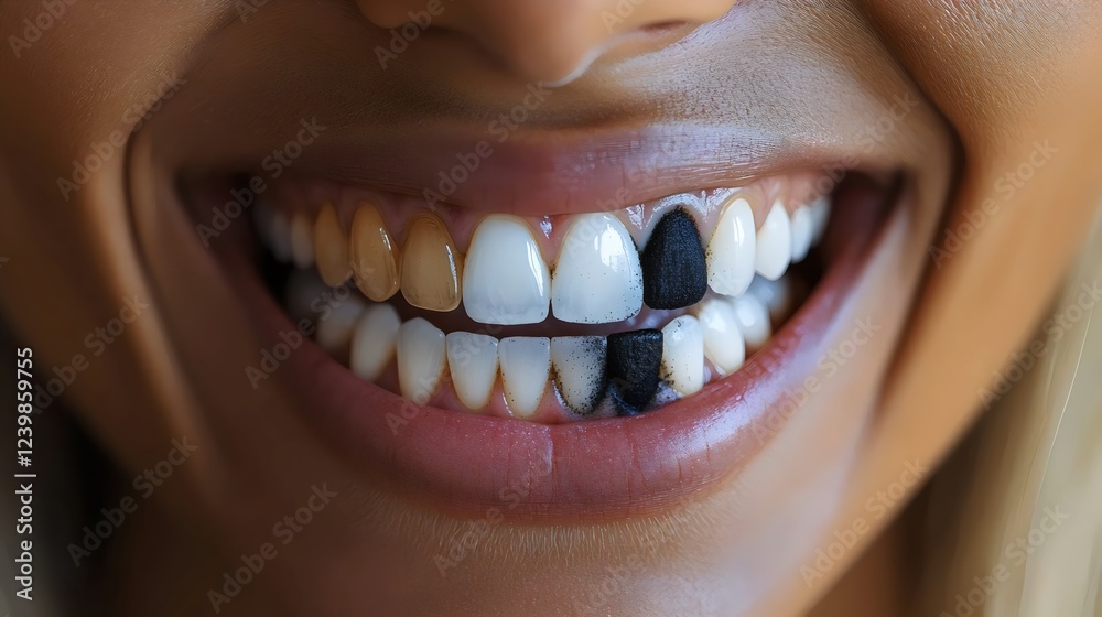 Fototapeta premium A woman's teeth are black and white