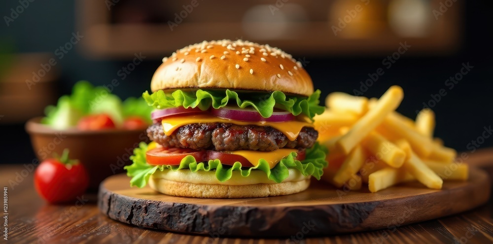 A juicy burger served on a wooden platter with a side salad and fries, plate, sandwich, burger A juicy burger served on a wooden platter with a side salad and fries, plate, sandwich, burger