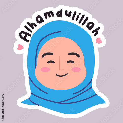 Alhamdulillah Islam religion woman girl female muslimah character wearing hijab happy smiling grateful blessed expression text icon design emoji sticker