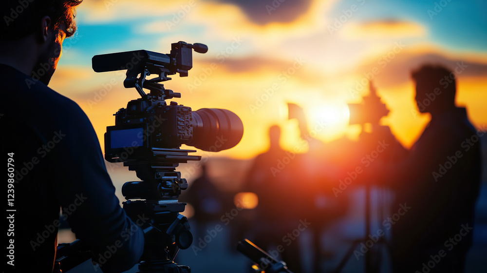 Fototapeta premium Silhouette images of video production behind the scenes or b-roll or making of TV commercial movie that film crew team lightman and cameraman working together with director in big studio